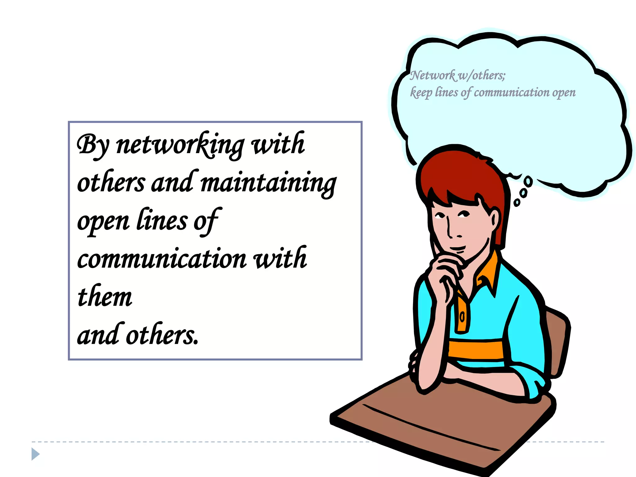 Network w/others;
keep lines of communication open



Communicates effectively with others
By networking with
in figuring out solutions to complex
others and maintaining
problems.

open lines of
communication with
them
and others.

 