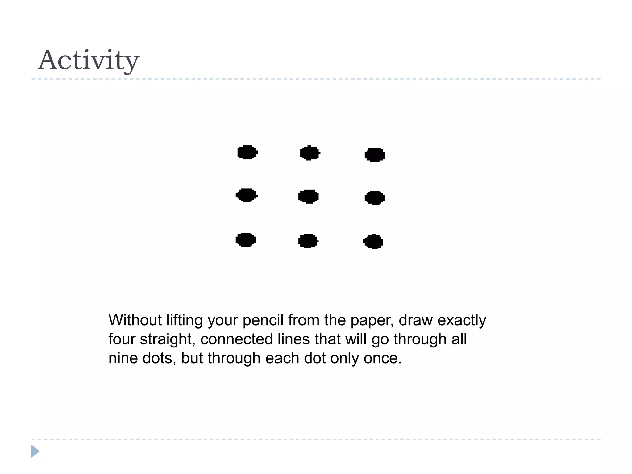 Activity

Without lifting your pencil from the paper, draw exactly
four straight, connected lines that will go through all
nine dots, but through each dot only once.

 
