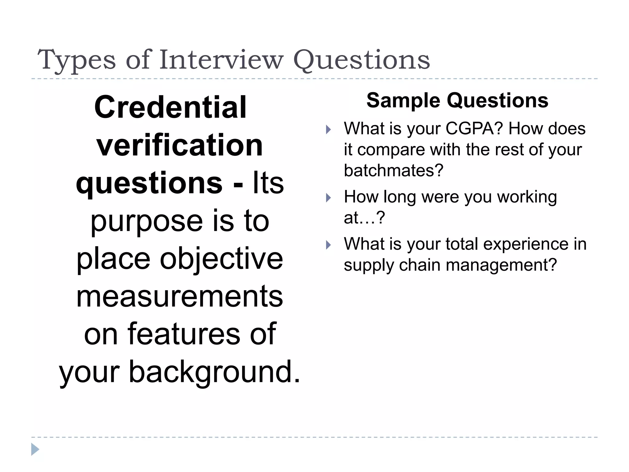 Types of Interview Questions

Credential
verification
questions - Its
purpose is to
place objective
measurements
on features of
your background.

Sample Questions





What is your CGPA? How does
it compare with the rest of your
batchmates?
How long were you working
at…?
What is your total experience in
supply chain management?

 