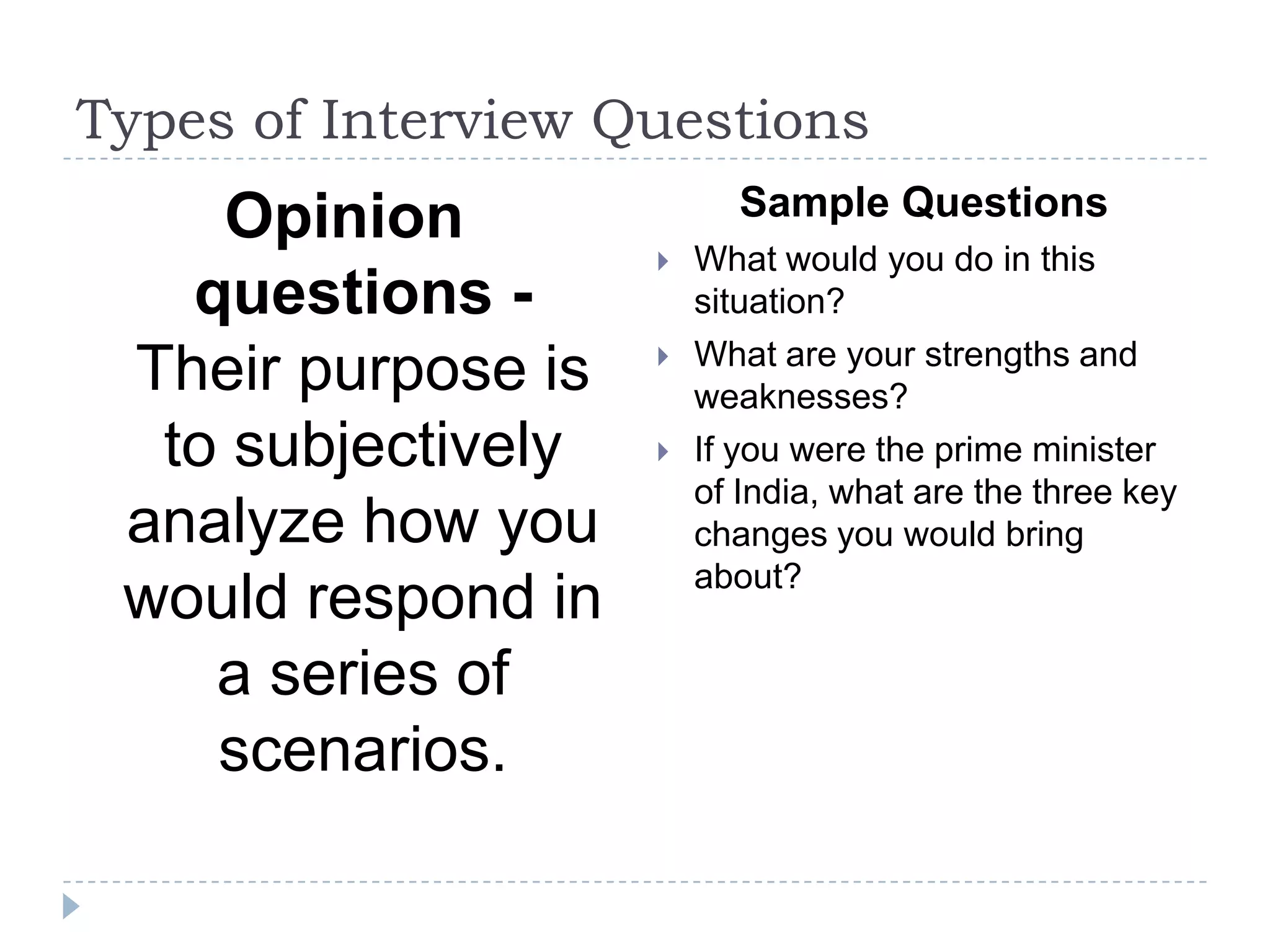 Types of Interview Questions

Opinion
questions Their purpose is
to subjectively
analyze how you
would respond in
a series of
scenarios.

Sample Questions




What would you do in this
situation?
What are your strengths and
weaknesses?
If you were the prime minister
of India, what are the three key
changes you would bring
about?

 