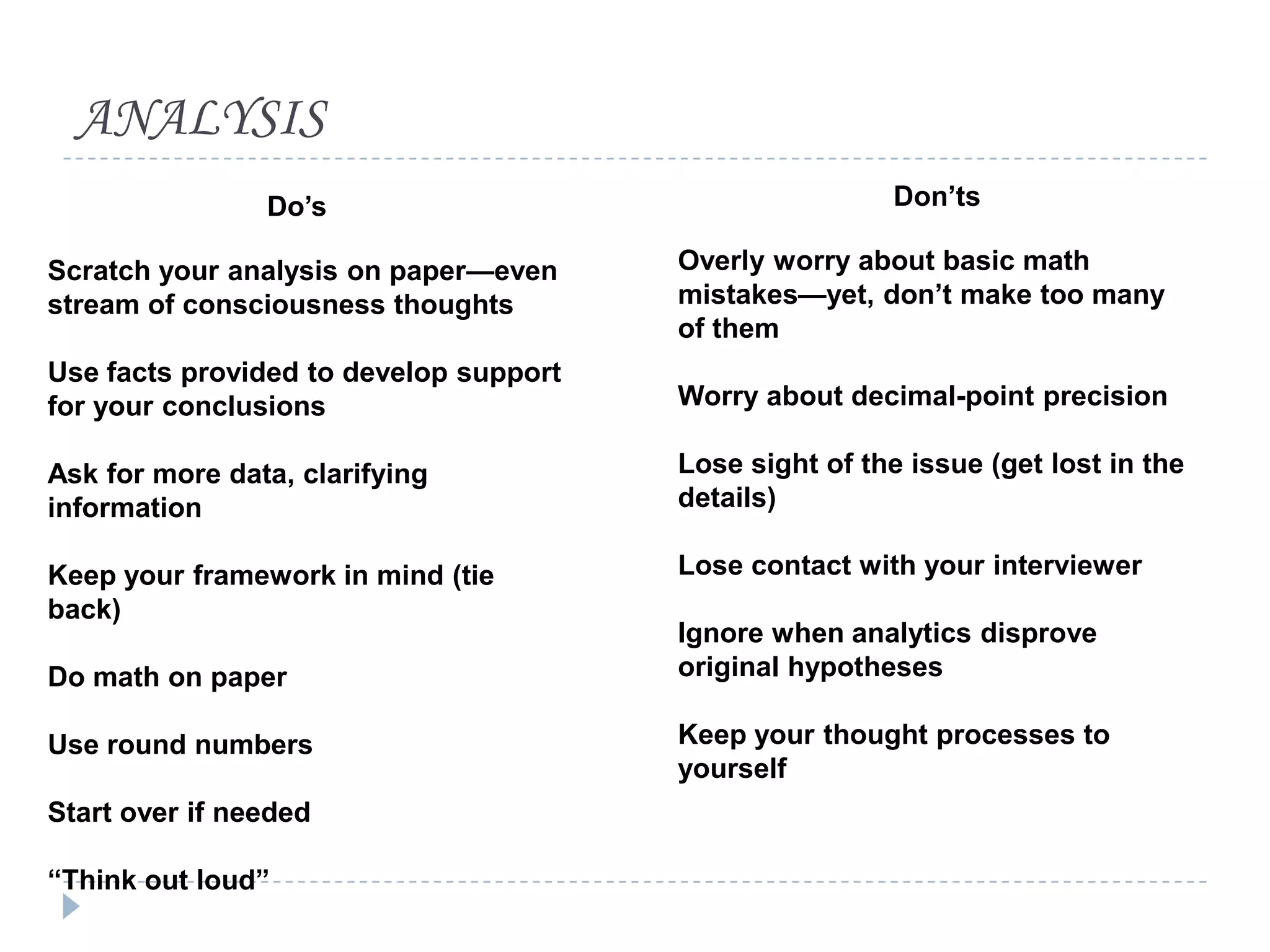 ANALYSIS
Do’s

Don’ts

Scratch your analysis on paper—even
stream of consciousness thoughts

Overly worry about basic math
mistakes—yet, don’t make too many
of them

Use facts provided to develop support
for your conclusions

Worry about decimal-point precision

Ask for more data, clarifying
information

Lose sight of the issue (get lost in the
details)

Keep your framework in mind (tie
back)

Lose contact with your interviewer

Do math on paper
Use round numbers

Start over if needed
“Think out loud”

Ignore when analytics disprove
original hypotheses

Keep your thought processes to
yourself

 