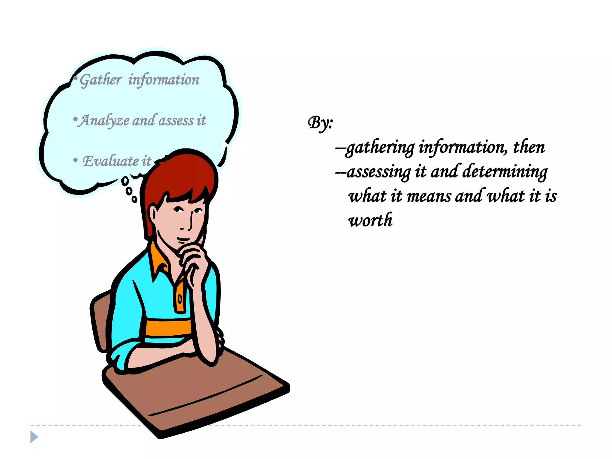 •Gather information
•Analyze and assess it

• Evaluate it

By:



Gathers and assesses relevant then
--gathering information,
--assessing it and determining
information, using abstract ideas to
what it means
interpret it effectively, and what it is
worth

 