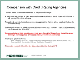 Comparison with Credit Rating Agencies
Create a metric to compare our ratings to the published ratings:

At each year end starting at 2005 we convert the expected life of issuer for each bond issue to
    a Z score within rating category

A negative Z score indicates that our metric suggests that the firm is less creditworthy than the
    published rating

Sort sample universe of 22000 bond issues into quintiles by Z score for 12/31/2006 (and nearly
    identical result for 12/31/2007):

Bottom quintile of 4400 bond issues: 2940 were from Wall Street firms that either went
   bankrupt, were acquired or needed major government assistance

The rogues gallery included:
     •    Bear Stearns (534 issues), Merrill Lynch (868), Lehman Brothers (657), Morgan Stanley (257), CIT
          Financial (338), Countrywide (136) and Washington Mutual (24)

The model correctly identifies the biggest credit risks during GFC




                                        www.northinfo.com
 