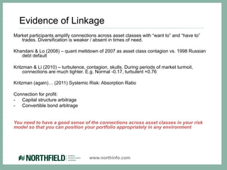 Evidence of Linkage
Market participants amplify connections across asset classes with “want to” and “have to”
   trades. Diversification is weaker / absent in times of need.

Khandani & Lo (2008) – quant meltdown of 2007 as asset class contagion vs. 1998 Russian
   debt default

Kritzman & Li (2010) – turbulence, contagion, skulls. During periods of market turmoil,
     connections are much tighter. E.g. Normal -0.17, turbulent +0.76

Kritzman (again)… (2011) Systemic Risk: Absorption Ratio

Connection for profit:
-  Capital structure arbitrage
-  Convertible bond arbitrage


You need to have a good sense of the connections across asset classes in your risk
model so that you can position your portfolio appropriately in any environment




                                    www.northinfo.com
 