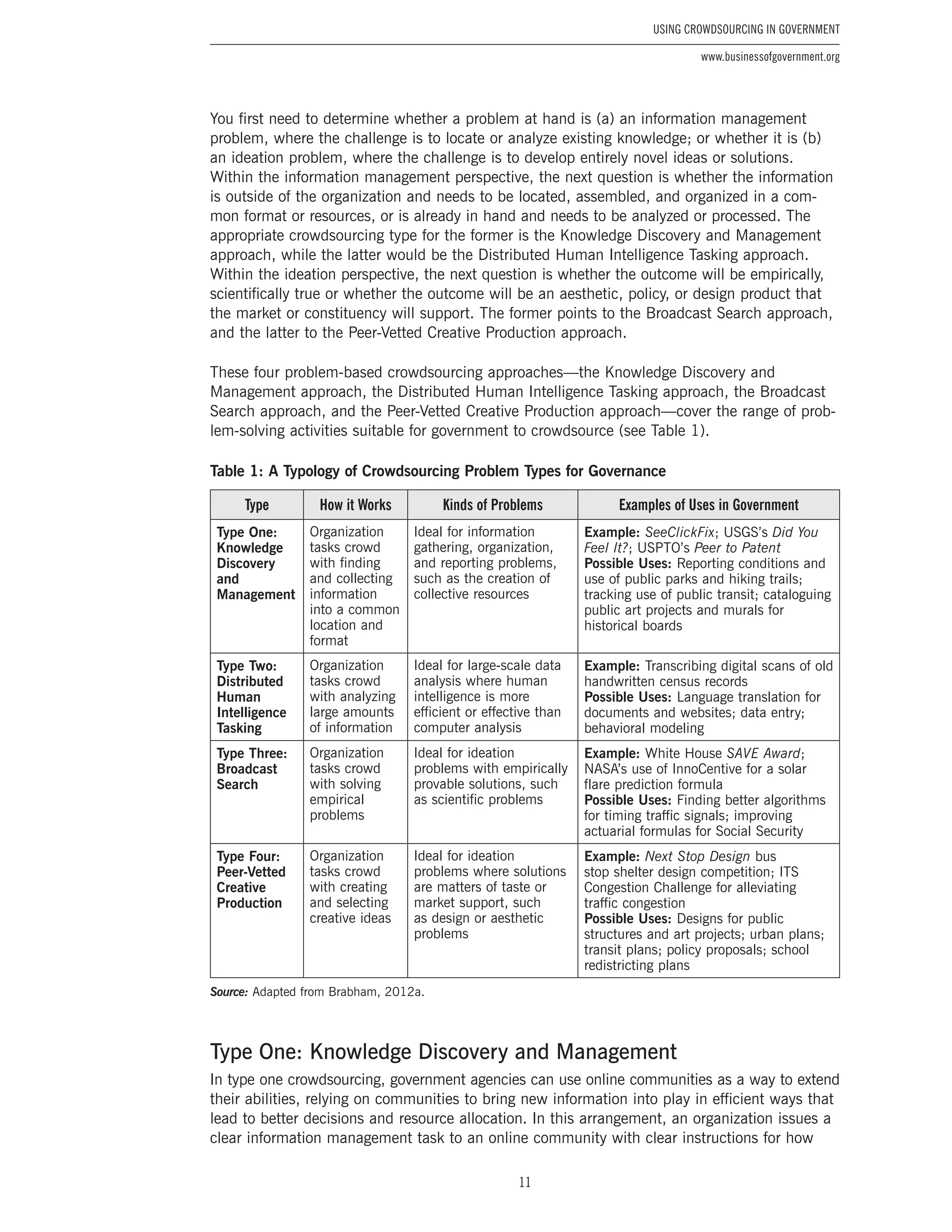 11
Using Crowdsourcing In Government
www.businessofgovernment.org
You first need to determine whether a problem at hand is (a) an information management
problem, where the challenge is to locate or analyze existing knowledge; or whether it is (b)
an ideation problem, where the challenge is to develop entirely novel ideas or solutions.
Within the information management perspective, the next question is whether the information
is outside of the organization and needs to be located, assembled, and organized in a com-
mon format or resources, or is already in hand and needs to be analyzed or processed. The
appropriate crowdsourcing type for the former is the Knowledge Discovery and Management
approach, while the latter would be the Distributed Human Intelligence Tasking approach.
Within the ideation perspective, the next question is whether the outcome will be empirically,
scientifically true or whether the outcome will be an aesthetic, policy, or design product that
the market or constituency will support. The former points to the Broadcast Search approach,
and the latter to the Peer-Vetted Creative Production approach.
These four problem-based crowdsourcing approaches—the Knowledge Discovery and
Management approach, the Distributed Human Intelligence Tasking approach, the Broadcast
Search approach, and the Peer-Vetted Creative Production approach—cover the range of prob-
lem-solving activities suitable for government to crowdsource (see Table 1).
Table 1: A Typology of Crowdsourcing Problem Types for Governance
Type How it Works Kinds of Problems Examples of Uses in Government
Type One:
Knowledge
Discovery
and
Management
Organization
tasks crowd
with finding
and collecting
information
into a common
location and
format
Ideal for information
gathering, organization,
and reporting problems,
such as the creation of
collective resources
Example: SeeClickFix; USGS’s Did You
Feel It?; USPTO’s Peer to Patent
Possible Uses: Reporting conditions and
use of public parks and hiking trails;
tracking use of public transit; cataloguing
public art projects and murals for
historical boards
Type Two:
Distributed
Human
Intelligence
Tasking
Organization
tasks crowd
with analyzing
large amounts
of information
Ideal for large-scale data
analysis where human
intelligence is more
efficient or effective than
computer analysis
Example: Transcribing digital scans of old
handwritten census records
Possible Uses: Language translation for
documents and websites; data entry;
behavioral modeling
Type Three:
Broadcast
Search
Organization
tasks crowd
with solving
empirical
problems
Ideal for ideation
problems with empirically
provable solutions, such
as scientific problems
Example: White House SAVE Award;
NASA’s use of InnoCentive for a solar
flare prediction formula
Possible Uses: Finding better algorithms
for timing traffic signals; improving
actuarial formulas for Social Security
Type Four:
Peer-Vetted
Creative
Production
Organization
tasks crowd
with creating
and selecting
creative ideas
Ideal for ideation
problems where solutions
are matters of taste or
market support, such
as design or aesthetic
problems
Example: Next Stop Design bus
stop shelter design competition; ITS
Congestion Challenge for alleviating
traffic congestion
Possible Uses: Designs for public
structures and art projects; urban plans;
transit plans; policy proposals; school
redistricting plans
Source: Adapted from Brabham, 2012a.
Type One: Knowledge Discovery and Management
In type one crowdsourcing, government agencies can use online communities as a way to extend
their abilities, relying on communities to bring new information into play in efficient ways that
lead to better decisions and resource allocation. In this arrangement, an organization issues a
clear information management task to an online community with clear instructions for how
 