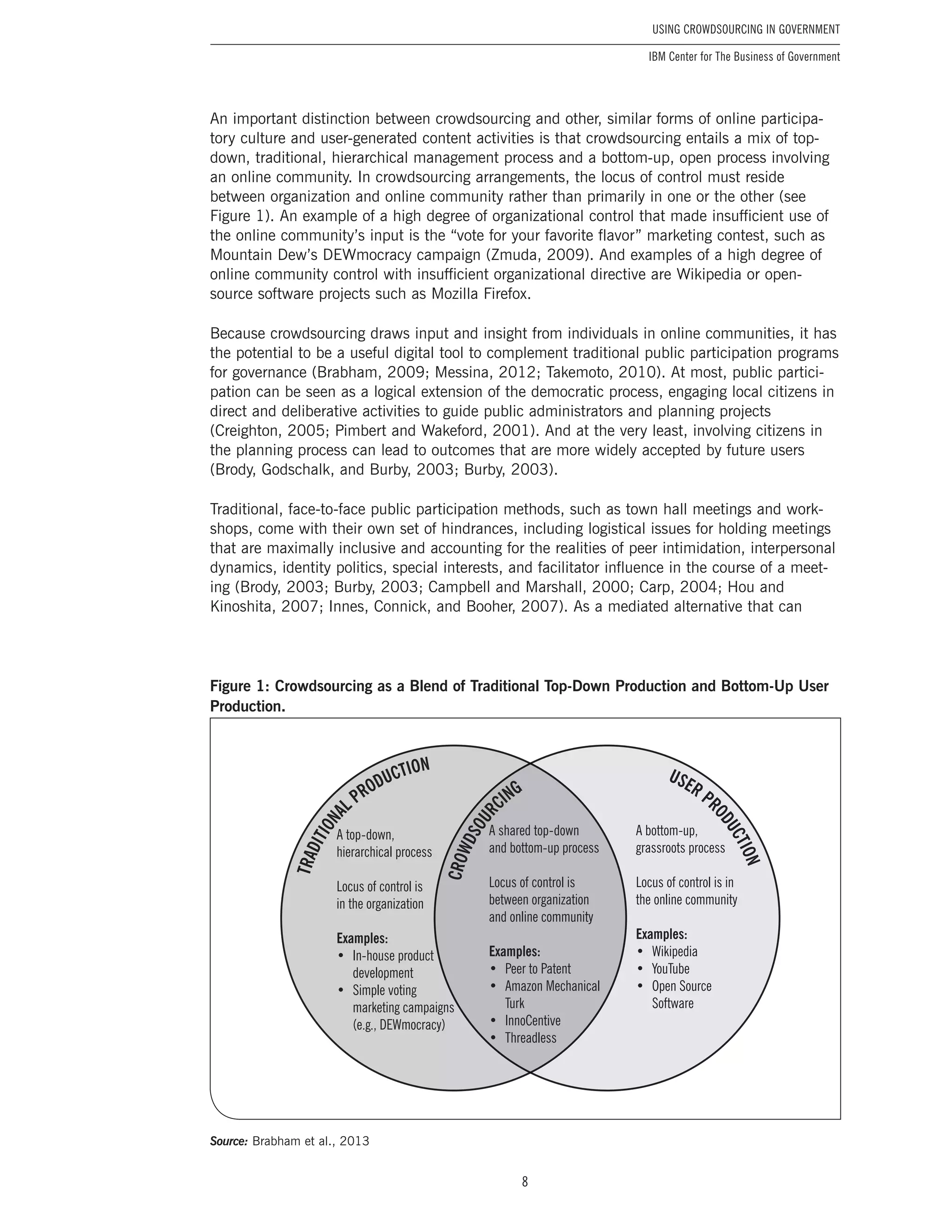 8
Using Crowdsourcing In Government
IBM Center for The Business of Government
An important distinction between crowdsourcing and other, similar forms of online participa-
tory culture and user-generated content activities is that crowdsourcing entails a mix of top-
down, traditional, hierarchical management process and a bottom-up, open process involving
an online community. In crowdsourcing arrangements, the locus of control must reside
between organization and online community rather than primarily in one or the other (see
Figure 1). An example of a high degree of organizational control that made insufficient use of
the online community’s input is the “vote for your favorite flavor” marketing contest, such as
Mountain Dew’s DEWmocracy campaign (Zmuda, 2009). And examples of a high degree of
online community control with insufficient organizational directive are Wikipedia or open-
source software projects such as Mozilla Firefox.
Because crowdsourcing draws input and insight from individuals in online communities, it has
the potential to be a useful digital tool to complement traditional public participation programs
for governance (Brabham, 2009; Messina, 2012; Takemoto, 2010). At most, public partici-
pation can be seen as a logical extension of the democratic process, engaging local citizens in
direct and deliberative activities to guide public administrators and planning projects
(Creighton, 2005; Pimbert and Wakeford, 2001). And at the very least, involving citizens in
the planning process can lead to outcomes that are more widely accepted by future users
(Brody, Godschalk, and Burby, 2003; Burby, 2003).
Traditional, face-to-face public participation methods, such as town hall meetings and work-
shops, come with their own set of hindrances, including logistical issues for holding meetings
that are maximally inclusive and accounting for the realities of peer intimidation, interpersonal
dynamics, identity politics, special interests, and facilitator influence in the course of a meet-
ing (Brody, 2003; Burby, 2003; Campbell and Marshall, 2000; Carp, 2004; Hou and
Kinoshita, 2007; Innes, Connick, and Booher, 2007). As a mediated alternative that can
Figure 1: Crowdsourcing as a Blend of Traditional Top-Down Production and Bottom-Up User
Production.
A top-down,
hierarchical process
Locus of control is
in the organization
Examples:
• In-house product
development
• Simple voting
marketing campaigns
(e.g., DEWmocracy)
A shared top-down
and bottom-up process
Locus of control is
between organization
and online community
Examples:
• Peer to Patent
• Amazon Mechanical
Turk
• InnoCentive
• Threadless
A bottom-up,
grassroots process
Locus of control is in
the online community
Examples:
• Wikipedia
• YouTube
• Open Source
Software
TRADITIONA
L PRODUCTION
USER PR
ODUCTION
CROWDSOUR
CING
Source: Brabham et al., 2013
 