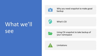 What we’ll
see
Why you need snapshot to make good
backup
What’s CSI
Using CSI snapshot to take backup of
your namespace
Li...