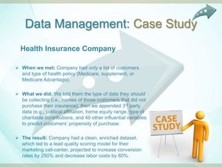 Data Management: Case Study
  Health Insurance Company

 When we met: Company had only a list of customers
  and type of health policy (Medicare, supplement, or
  Medicare Advantage).

 What we did: We told them the type of data they should
  be collecting (i.e., names of those customers that did not
  purchase their insurance), then we appended 3rd party
  data (e.g., political affiliation, home equity range, type of
  charitable contributions, and 40 other influential variables
  to predict customers‟ propensity of purchase.

 The result: Company had a clean, enriched dataset,
  which led to a lead quality scoring model for their
  marketing call-center, projected to increase conversion
  rates by 250% and decrease labor costs by 80%.
 