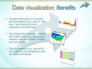 Data Visualization: Benefits
 Visualize distribution of a variable
  and see patterns (e.g., sales in „000
  over 1 year) with line charts,
  histograms and trend lines.

 See relationships between variables
  with scatter plots (E.g., relationship
  between calls and number of sales)
  and heat maps.

 Classify variables (e.g., percent of
  gross revenue by salesperson) with
  bar charts and figures.
 