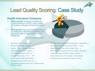 Lead Quality Scoring: Case Study
Health Insurance Company
   When we met: Company had data on
    current clients (n=16,947): name, billing
    information, and type of insurance (that‟s
    it).
   What we did: First, we requested data on
    an additional 2,000 NON-customers, then
    appended data to these nearly 19,000
    individuals.
                           The appended data included:


   Age range (18-24, 25-29, …75+)                          Political affiliation (Democratic, Republican, Independent…)
   Marital status (single, married,…)                      Vehicle manufacturer (Acura, Audi, Buick, …Volvo)
   Gender     (Male, Female, Unknown)                      Neilson Region (East, metro chicago, West, …)
   Religion (catholic, Hindu, Jewish…)                     Mean years of schooling (HS, Some college, Graduate)
   Credit card type (Bank, retail, oil…)                   Languages spoken (English, Russian, Spanish…)
   Net worth Rank (Top, 2nd, 3rd, …15th)                   Heavy internet user (1=most likely, 10=least likely)
   Home value ($1-$50k, $51k-$100k…)                       Boat population type (Inboard, Outboard, Other)
   Mortgage loan type (Cash, FHA, VA…)
   Occupation (Business owner, Prof, health services,
    teacher, military)
 