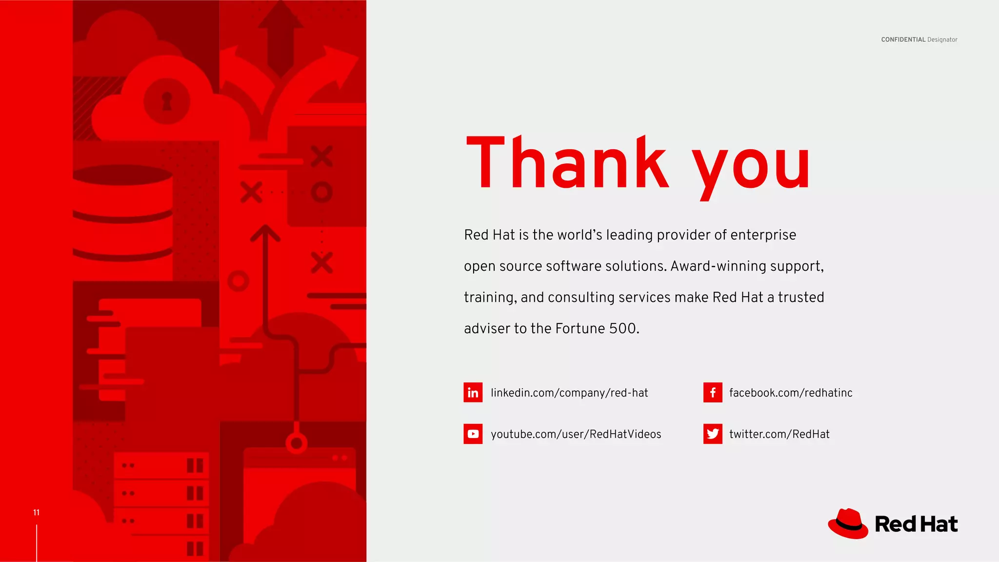 CONFIDENTIAL Designator
linkedin.com/company/red-hat
youtube.com/user/RedHatVideos
facebook.com/redhatinc
twitter.com/RedHat
11
Red Hat is the world’s leading provider of enterprise
open source software solutions. Award-winning support,
training, and consulting services make Red Hat a trusted
adviser to the Fortune 500.
Thank you
 