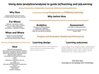Using data (analytics/analysis) to guide (e)Teaching and (e)Learning
Analytics
Information on learning pathway

engagement, milestones

From both Online AND Traditional 

Class and Learning/training settings
Assessment
Information on learning outcomes
Analysis and Evaluation Guided and Informed by
Learning design Learning outcomes
Frank JR, Snell LS, Cate OT, Holmboe ES, Carraccio C, Swing SR, Harris P,
Glasgow NJ, Campbell C, Dath D, Harden RM, Iobst W, Long DM, Mungroo R,
Richardson DL, Sherbino J, Silver I, Taber S, Talbot M, Harris KA.
Competency-based medical education: theory to practice. Med Teach.
2010;32(8):638-45. doi: 10.3109/0142159X.2010.501190.
 
Lori Lockyer, Elizabeth Heathcote, Shane Dawson. Informing Pedagogical Action
- Aligning Learning Analytics with Learning Design. American Behavioral
Scientist Vol 57, Issue 10, pp. 1439 - 1459
“Assessment Drives Student Learning”

George E Miller
Poh-Sun Goh

2nd draft on 24 October 2017 @ 0416am
Why before How
Why Now
For Whom
When and Where
How
Students spending more time online

On Mobile devices (especially workplace)
Students - how well am I doing?

Faculty - to curate, create, customise

content + learning pathway(s)

Administration - evaluation of program
One oﬀ, for course and program

Before, during and after class

Each learning, training session, setting
Data and Learning analytics

Track online (and class) activities and behaviour

Participation, attendance, attention, presence

What is role of textbooks? Online resources?

Websites? Apps? Edubots?

Intermediate and ﬁnal learning outcomes

Notes

Q and A

Participation on discussion (forums)

Notes

Draft assignments

Submitted individual and group assignments

Projects

Performance tests

Skills testing

Transfer to workplace
Undergraduate through Postgraduate and Lifelong Learning
Blending and Flipping, Online and Face to Face
Formal learning (online/traditional/blended), Informal Learning, Performance Support
Active, Constructive, Collaborative, Contextual, Reﬂective Learning (Activities)
 