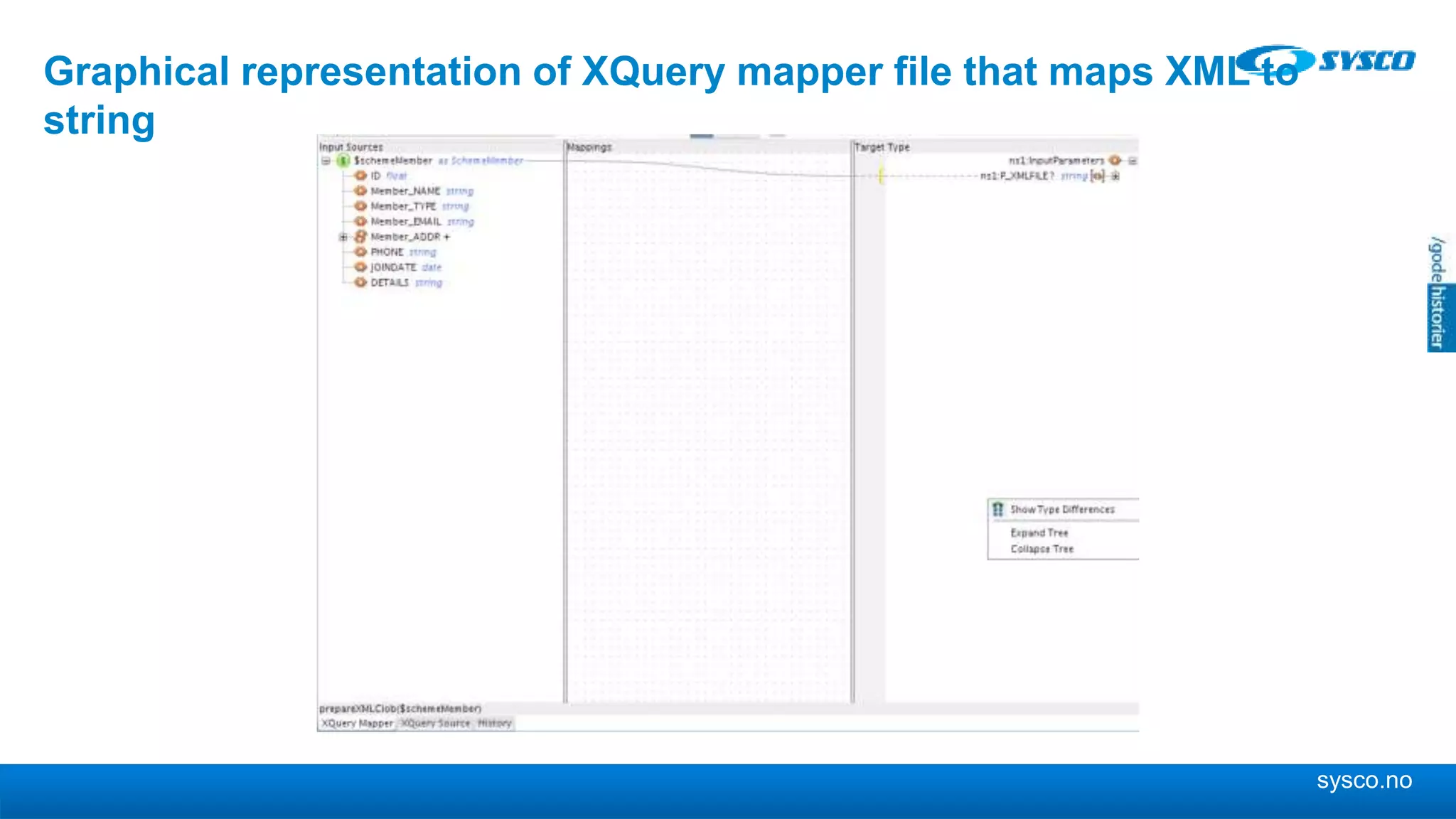 sysco.no Graphical representation of XQuery mapper file that maps XML to string 