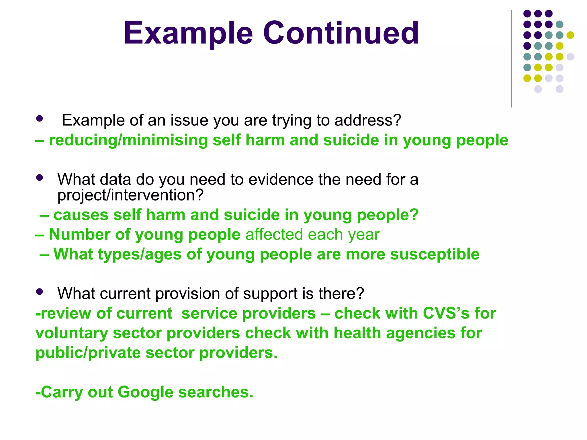 Example Continued 
 Example of an issue you are trying to address? 
– reducing/minimising self harm and suicide in young people 
 What data do you need to evidence the need for a 
project/intervention? 
– causes self harm and suicide in young people? 
– Number of young people affected each year 
– What types/ages of young people are more susceptible 
 What current provision of support is there? 
-review of current service providers – check with CVS’s for 
voluntary sector providers check with health agencies for 
public/private sector providers. 
-Carry out Google searches. 
 