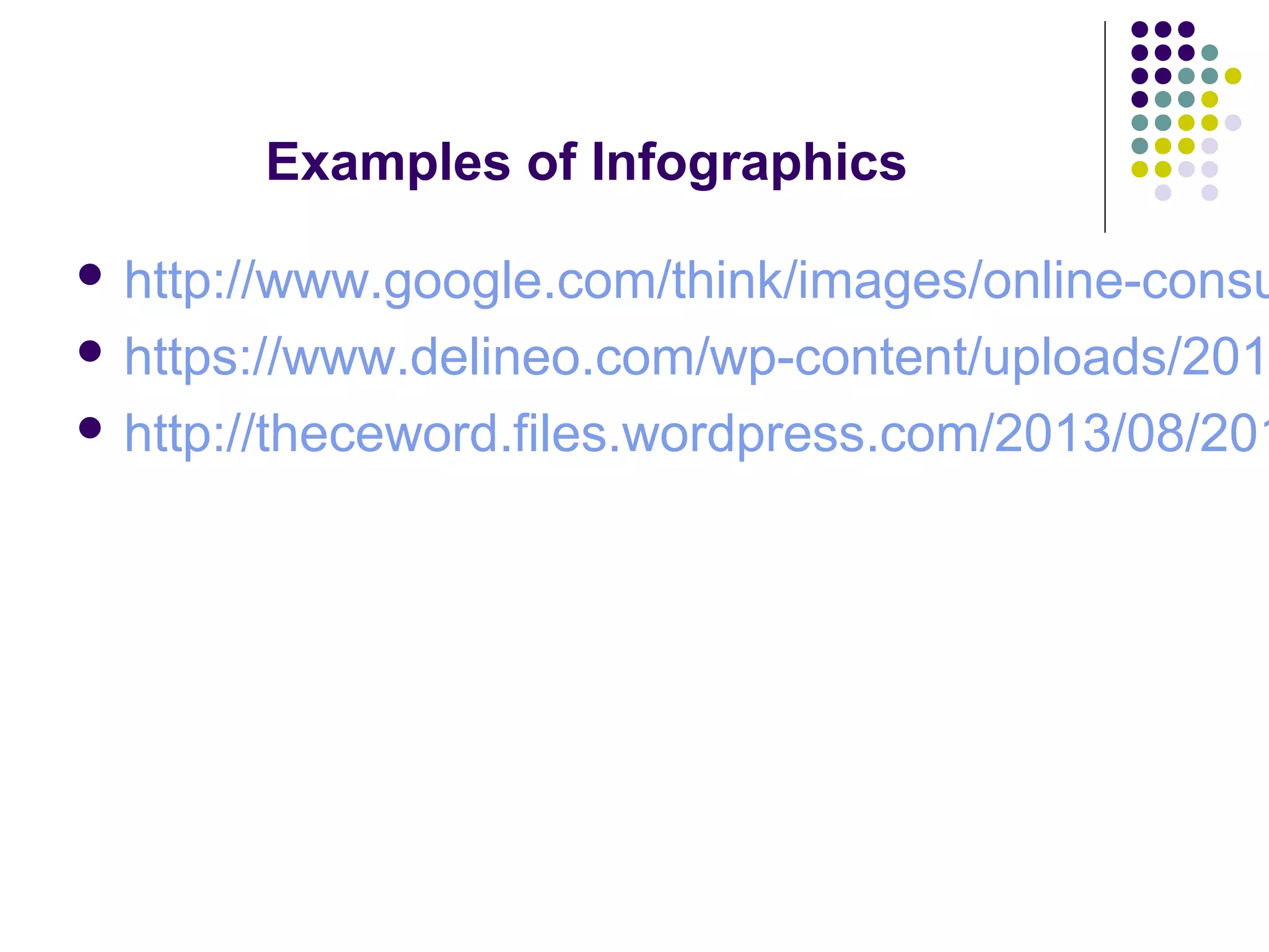 Examples of Infographics 
 http://www.google.com/think/images/online-consumption- https://www.delineo.com/wp-content/uploads/2013/ http://theceword.files.wordpress.com/2013/08/20130828- 