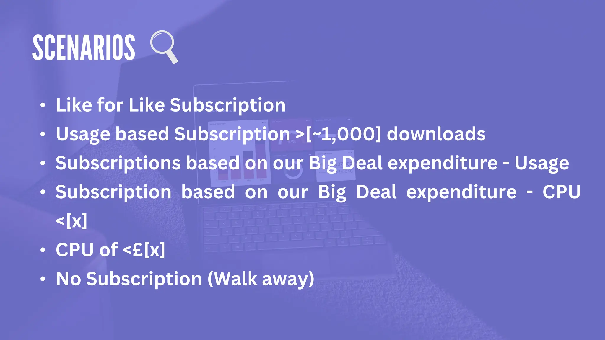 • Like for Like Subscription
• Usage based Subscription >[~1,000] downloads
• Subscriptions based on our Big Deal expenditure - Usage
• Subscription based on our Big Deal expenditure - CPU
<[x]
• CPU of <£[x]
• No Subscription (Walk away)
 