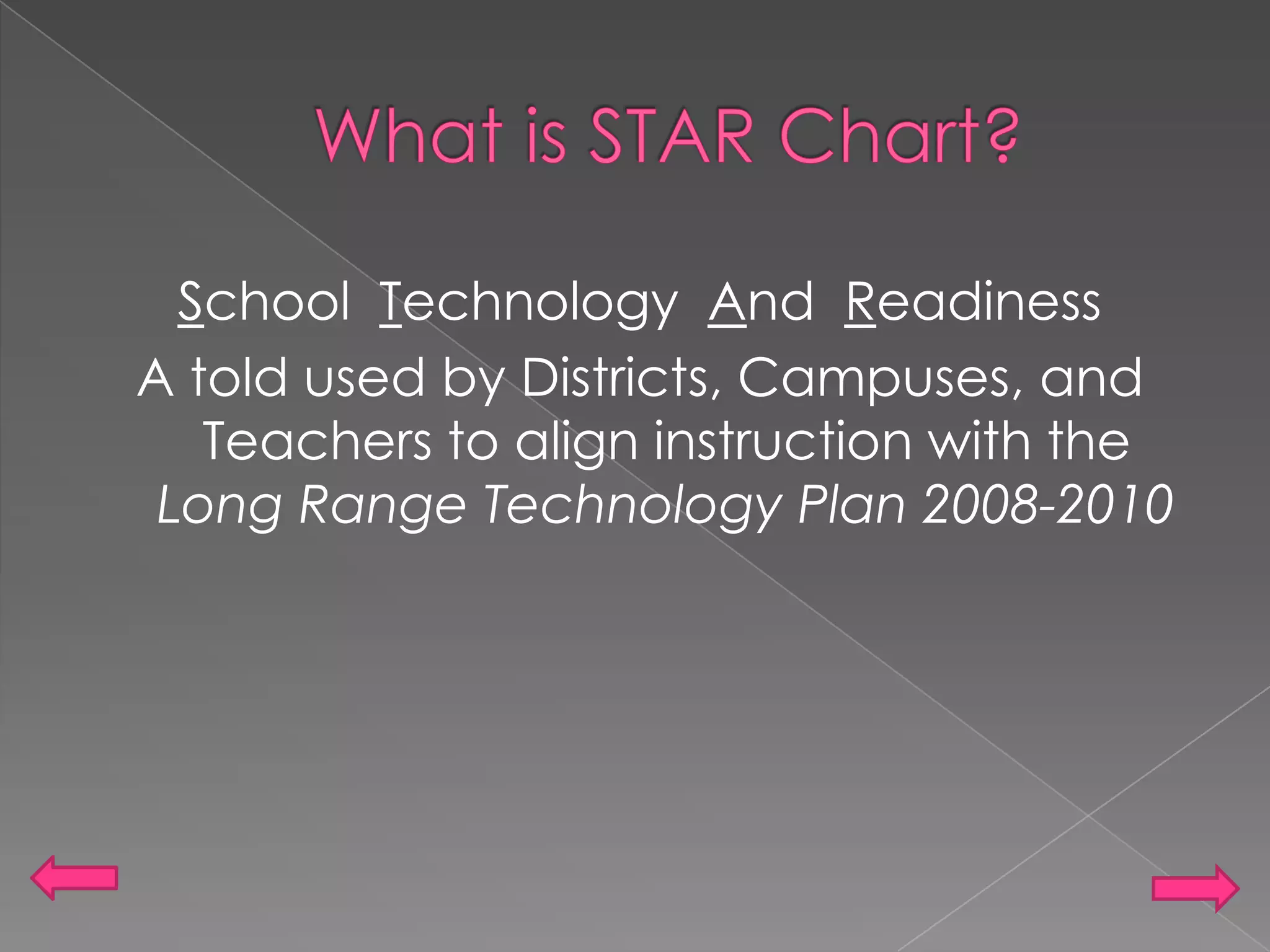 What is STAR Chart?School  Technology  And  ReadinessA told used by Districts, Campuses, and Teachers to align instruction with the Long Range Technology Plan 2008-2010