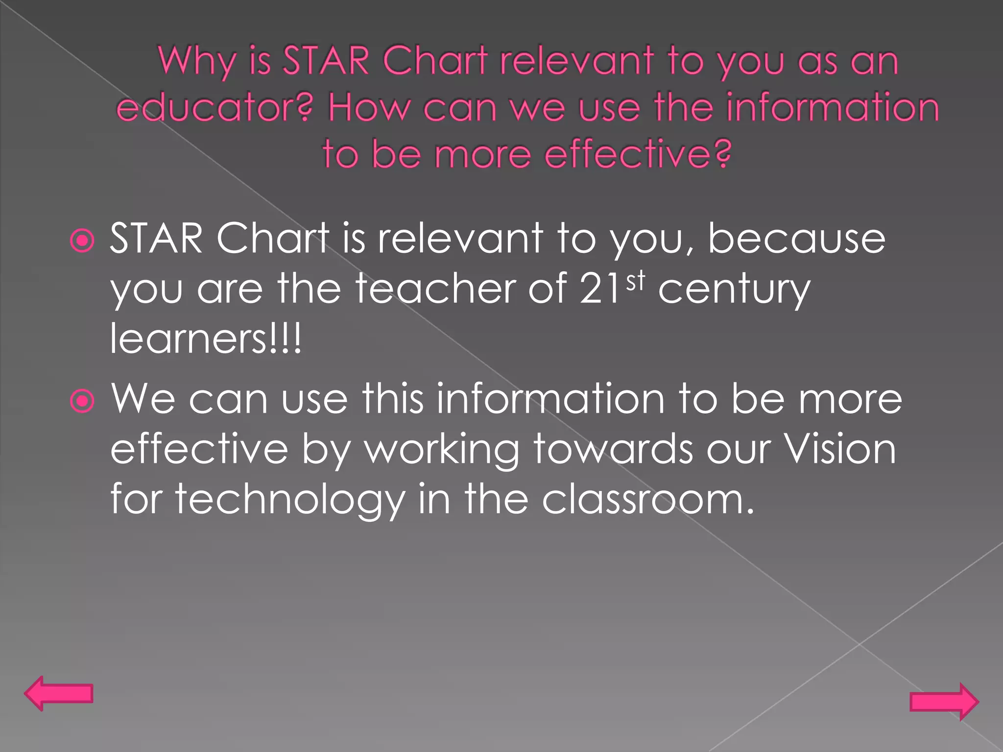Why is STAR Chart relevant to you as an educator? How can we use the information to be more effective?STAR Chart is relevant to you, because you are the teacher of 21st century learners!!!We can use this information to be more effective by working towards our Vision for technology in the classroom.