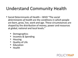 Understand Community Health
• Social Determinants of Health – WHO “The social
determinants of health are the conditions in which people
are born, grow, live, work and age. These circumstances are
shaped by the distribution of money, power and resources
at global, national and local levels.”
• Demographics
• Incomes & Spending
• Housing
• Quality of Life
• Education
• Health
5
 