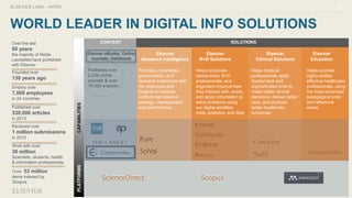 ELSEVIER LABS - INTRO
WORLD LEADER IN DIGITAL INFO SOLUTIONS
4
Published over
330,000 articles
in 2013
Founded over
130 ye...