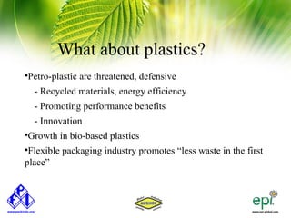 What about plastics?
Petro-plastic are threatened, defensive



    - Recycled materials, energy efficiency
    - Promoting performance benefits
    - Innovation
Growth in bio-based plastics




 Flexible packaging industry promotes “less waste in the first
place”
 