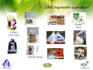 100% Degradable applications


           Slider
           Zip              Food
           lock             Packing
                                                 Health
           Bags             Trays
                                                  care

 Cutlery
and Cups    Bread
            Bags                 Carrier
                                  Bags               Stretch
                                                      Films

Garbage                                          Label &
                                                  tapes
            Bubble Wrap     Flower wraps
 bags
                                      Stretch Wrap
 