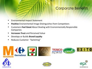 Corporate Benefits


• Environmental Impact Statement
• Positive Environmental Image Distinguishes from Competitors
• Customers Feel Good About Dealing with Environmentally Responsible
  Companies
• Increases Trust and Perceived Value
• Develops or Builds Brand Loyalty
• Reduces Customer “Switching”
 