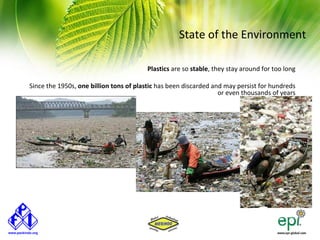 State of the Environment

                                        Plastics are so stable, they stay around for too long

Since the 1950s, one billion tons of plastic has been discarded and may persist for hundreds
                                                                  or even thousands of years
 
