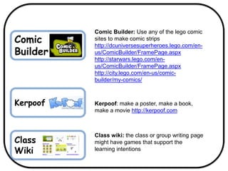 Comic
Builder
Comic Builder: Use any of the lego comic
sites to make comic strips
http://dcuniversesuperheroes.lego.com/en-
us/ComicBuilder/FramePage.aspx
http://starwars.lego.com/en-
us/ComicBuilder/FramePage.aspx
http://city.lego.com/en-us/comic-
builder/my-comics/
Kerpoof Kerpoof: make a poster, make a book,
make a movie http://kerpoof.com
Class
Wiki
Class wiki: the class or group writing page
might have games that support the
learning intentions
 