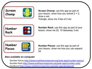 Screen
Chomp
Screen Chomp: use this app as part of
your lesson, show how you solved 2 + 3,
draw a red
Triangle, show me 3 lots of 2 etc
Number
Rack
Number Rack: use this app as part of your
lesson, show me 22, 10 takeaway 3 etc
Number
Pieces
Number Pieces: use this app as part of
your lesson, show me how you can expand
54
Also available on computer
Number Pieces http://www.mathlearningcenter.org/web-apps/number-pieces/
Number Rack http://www.mathlearningcenter.org/web-apps/number-rack/
GeoBoard http://www.mathlearningcenter.org/web-apps/geoboard/
 