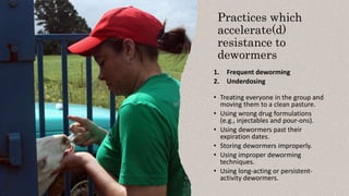 Practices which
accelerate(d)
resistance to
dewormers
1. Frequent deworming
2. Underdosing
• Treating everyone in the group and
moving them to a clean pasture.
• Using wrong drug formulations
(e.g., injectables and pour-ons).
• Using dewormers past their
expiration dates.
• Storing dewormers improperly.
• Using improper deworming
techniques.
• Using long-acting or persistent-
activity dewormers.
 