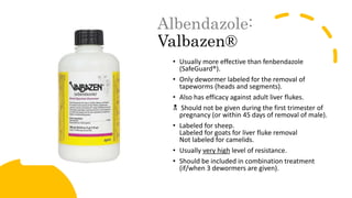 Albendazole:
Valbazen®
• Usually more effective than fenbendazole
(SafeGuard®).
• Only dewormer labeled for the removal of
tapeworms (heads and segments).
• Also has efficacy against adult liver flukes.
 Should not be given during the first trimester of
pregnancy (or within 45 days of removal of male).
• Labeled for sheep.
Labeled for goats for liver fluke removal
Not labeled for camelids.
• Usually very high level of resistance.
• Should be included in combination treatment
(if/when 3 dewormers are given).
 