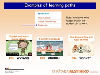 Examples of learning paths


                                          Note: You have to be
                                          logged out for the
                                          student pin to work.




English and Māori                            New Zealand flag and
 maths objects      Figurative language         Coat of Arms




PIN: WYYASQ         PIN: KNKRRJ               PIN: YOCNTT
 