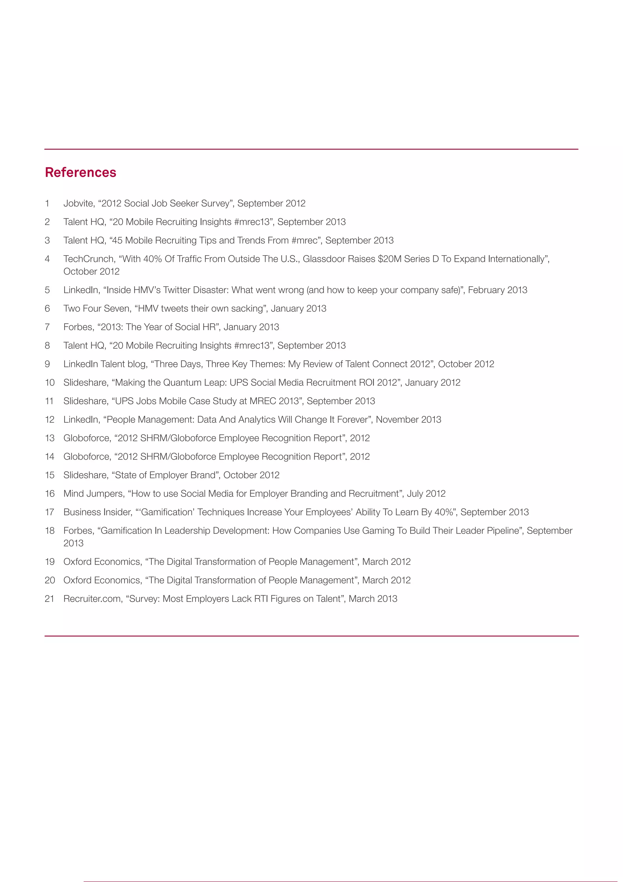 References 
1 Jobvite, “2012 Social Job Seeker Survey”, September 2012 
2 Talent HQ, “20 Mobile Recruiting Insights #mrec13”, September 2013 
3 Talent HQ, “45 Mobile Recruiting Tips and Trends From #mrec”, September 2013 
4 TechCrunch, “With 40% Of Traffic From Outside The U.S., Glassdoor Raises $20M Series D To Expand Internationally”, 
October 2012 
5 LinkedIn, “Inside HMV’s Twitter Disaster: What went wrong (and how to keep your company safe)”, February 2013 
6 Two Four Seven, “HMV tweets their own sacking”, January 2013 
7 Forbes, “2013: The Year of Social HR”, January 2013 
8 Talent HQ, “20 Mobile Recruiting Insights #mrec13”, September 2013 
9 LinkedIn Talent blog, “Three Days, Three Key Themes: My Review of Talent Connect 2012”, October 2012 
10 Slideshare, “Making the Quantum Leap: UPS Social Media Recruitment ROI 2012”, January 2012 
11 Slideshare, “UPS Jobs Mobile Case Study at MREC 2013”, September 2013 
12 LinkedIn, “People Management: Data And Analytics Will Change It Forever”, November 2013 
13 Globoforce, “2012 SHRM/Globoforce Employee Recognition Report”, 2012 
14 Globoforce, “2012 SHRM/Globoforce Employee Recognition Report”, 2012 
15 Slideshare, “State of Employer Brand”, October 2012 
16 Mind Jumpers, “How to use Social Media for Employer Branding and Recruitment”, July 2012 
17 Business Insider, “‘Gamification’ Techniques Increase Your Employees’ Ability To Learn By 40%”, September 2013 
18 Forbes, “Gamification In Leadership Development: How Companies Use Gaming To Build Their Leader Pipeline”, September 
2013 
19 Oxford Economics, “The Digital Transformation of People Management”, March 2012 
20 Oxford Economics, “The Digital Transformation of People Management”, March 2012 
21 Recruiter.com, “Survey: Most Employers Lack RTI Figures on Talent”, March 2013 
 