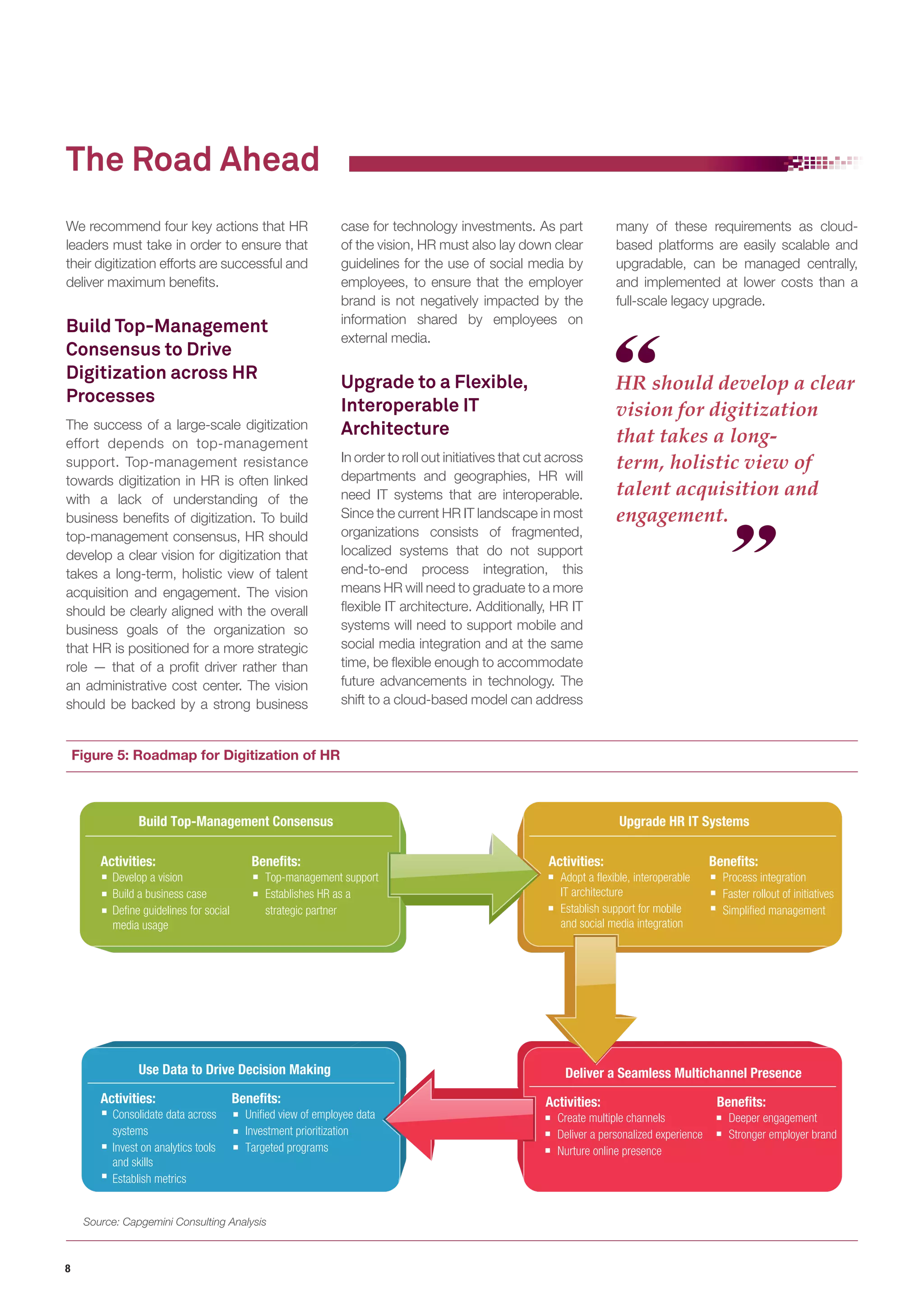 The Road Ahead 
We recommend four key actions that HR 
leaders must take in order to ensure that 
their digitization efforts are successful and 
deliver maximum benefits. 
Build Top-Management 
Consensus to Drive 
Digitization across HR 
Processes 
The success of a large-scale digitization 
effort depends on top-management 
support. Top-management resistance 
towards digitization in HR is often linked 
with a lack of understanding of the 
business benefits of digitization. To build 
top-management consensus, HR should 
develop a clear vision for digitization that 
takes a long-term, holistic view of talent 
acquisition and engagement. The vision 
should be clearly aligned with the overall 
business goals of the organization so 
that HR is positioned for a more strategic 
role — that of a profit driver rather than 
an administrative cost center. The vision 
should be backed by a strong business 
8 
case for technology investments. As part 
of the vision, HR must also lay down clear 
guidelines for the use of social media by 
employees, to ensure that the employer 
brand is not negatively impacted by the 
information shared by employees on 
external media. 
Upgrade to a Flexible, 
Interoperable IT 
Architecture 
In order to roll out initiatives that cut across 
departments and geographies, HR will 
need IT systems that are interoperable. 
Since the current HR IT landscape in most 
organizations consists of fragmented, 
localized systems that do not support 
end-to-end process integration, this 
means HR will need to graduate to a more 
flexible IT architecture. Additionally, HR IT 
systems will need to support mobile and 
social media integration and at the same 
time, be flexible enough to accommodate 
future advancements in technology. The 
shift to a cloud-based model can address 
many of these requirements as cloud-based 
platforms are easily scalable and 
upgradable, can be managed centrally, 
and implemented at lower costs than a 
full-scale legacy upgrade. 
HR should develop a clear 
vision for digitization 
that takes a long-term, 
holistic view of 
talent acquisition and 
engagement. 
Figure 5: Roadmap for Digitization of HR 
Build Top-Management Consensus 
Activities: 
Develop a vision 
Build a business case 
Define guidelines for social 
media usage 
Benefits: 
Top-management support 
Establishes HR as a 
strategic partner 
Upgrade HR IT Systems 
Activities: 
Adopt a flexible, interoperable 
IT architecture 
Establish support for mobile 
and social media integration 
Benefits: 
Process integration 
Faster rollout of initiatives 
Simplified management 
Use Data to Drive Decision Making Deliver a Seamless Multichannel Presence 
Activities: 
Consolidate data across 
systems 
Invest on analytics tools 
and skills 
Establish metrics 
Benefits: 
Unified view of employee data 
Investment prioritization 
Targeted programs 
Activities: 
Create multiple channels 
Deliver a personalized experience 
Nurture online presence 
Benefits: 
Deeper engagement 
Stronger employer brand 
Source: Capgemini Consulting Analysis 
 