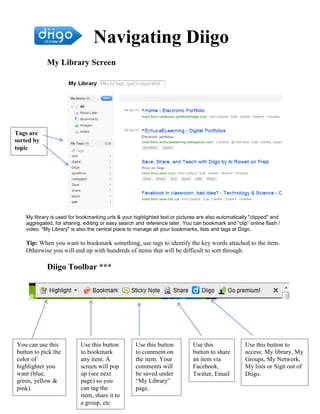 Navigating Diigo
             My Library Screen




Tags are
sorted by
topic




    My library is used for bookmarking urls & your highlighted text or pictures are also automatically "clipped" and
    aggregated, for sharing, editing or easy search and reference later. You can bookmark and “clip” online flash /
    video. "My Library" is also the central place to manage all your bookmarks, lists and tags at Diigo.

    Tip: When you want to bookmark something, use tags to identify the key words attached to the item.
    Otherwise you will end up with hundreds of items that will be difficult to sort through.

             Diigo Toolbar ***




You can use this            Use this button         Use this button          Use this               Use this button to
button to pick the          to bookmark             to comment on            button to share        access: My library, My
color of                    any item. A             the item. Your           an item via            Groups, My Network,
highlighter you             screen will pop         comments will            Facebook,              My lists or Sign out of
want (blue,                 up (see next            be saved under           Twitter, Email         Diigo.
green, yellow &             page) so you            “My Library”
pink).                      can tag the             page.
                            item, share it to
                            a group, etc
 