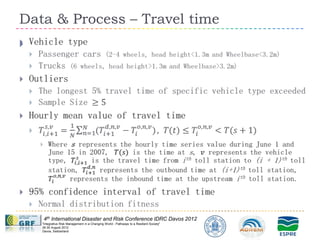 Data & Process – Travel time





     4th International Disaster and Risk Conference IDRC Davos 2012
    "Integrative Risk Management in a Changing World - Pathways to a Resilient Society"
    26-30 August 2012
    Davos, Switzerland
 