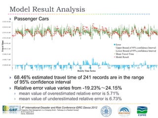 Model Result Analysis
  12:02:18 AM
                     Passenger Cars
  12:02:01 AM


  12:01:44 AM


  12:01:26 AM
Travel Time




  12:01:09 AM
                                                                                                                                           Error
  12:00:52 AM
                                                                                                                                           Upper Bound of 95% confidence Interval
                                                                                                                                           Lower Bound of 95% confidence Interval
  12:00:35 AM                                                                                                                              Mean Travel Time
                                                                                                                                           Model Result
  12:00:17 AM


  12:00:00 AM
                  1        25           49            73            97           121           145          169      193       217   241    265      289       313      337
                                                                                                          Hourly Time Series


                     68.46% estimated travel time of 241 records are in the range
                      of 95% confidence interval
                     Relative error value varies from -19.23%～24.15%
                         mean value of overestimated relative error is 5.71%
                         mean value of underestimated relative error is 6.73%
                           4th International Disaster and Risk Conference IDRC Davos 2012
                          "Integrative Risk Management in a Changing World - Pathways to a Resilient Society"
                          26-30 August 2012
                          Davos, Switzerland
 