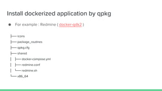 Install dockerized application by qpkg
● For example : Redmine ( docker-qdk2 )
├── icons
├── package_routines
├── qpkg.cfg
├── shared
│ ├── docker-compose.yml
│ ├── redmine.conf
│ └── redmine.sh
└── x86_64
 