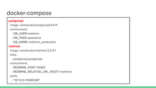 docker-compose
postgresql:
image: sameersbn/postgresql:9.4-11
environment:
- DB_USER=redmine
- DB_PASS=password
- DB_NAME=redmine_production
redmine:
image: sameersbn/redmine:3.2.0-1
links:
- postgresql:postgresql
environment:
- REDMINE_PORT=10083
- REDMINE_RELATIVE_URL_ROOT=/redmine
ports:
- "127.0.0.1:10083:80"
 