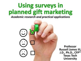 Academic research and practical applications
Professor
Russell James III,
J.D., Ph.D., CFP®
Texas Tech
University
 