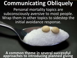 Communicating Obliquely
Personal mortality topics are
subconsciously aversive to most people.
Wrap them in other topics to sidestep the
initial avoidance response.
A common theme in several successful
approaches to introducing planned giving
 