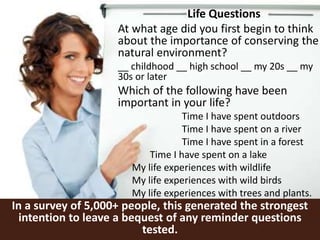 In a survey of 5,000+ people, this generated the strongest
intention to leave a bequest of any reminder questions
tested.
Life Questions
At what age did you first begin to think
about the importance of conserving the
natural environment?
__ childhood __ high school __ my 20s __ my
30s or later
Which of the following have been
important in your life?
Time I have spent outdoors
Time I have spent on a river
Time I have spent in a forest
Time I have spent on a lake
My life experiences with wildlife
My life experiences with wild birds
My life experiences with trees and plants.
 