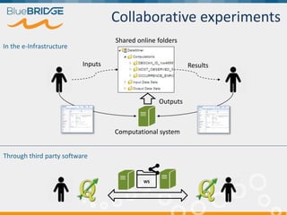 Collaborative experiments
WS
Shared online folders
Inputs
Outputs
Results
Computational system
In the e-Infrastructure
Through third party software
 