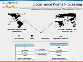 Occurrence Data from GBIF
(www.gbif.org)
Occurrence Data from OBIS
(www.iobis.org)
∩
Intersection
-
Difference
ᴜ
Union
A
x,y
Event Date
Modif Date
Author
Species Scientific Name
Occurrence Points Processing
B
x,y
Event Date
Modif Date
Author
Species Scientific Name
Records
Similarity
DD
Duplicates Deletion
Candela, L., Castelli, D., Coro, G., Lelii, L., Mangiacrapa, F., Marioli, V., & Pagano, P. (2015). An infrastructure-
oriented approach for supporting biodiversity research. Ecological Informatics, 26, 162-172.
 