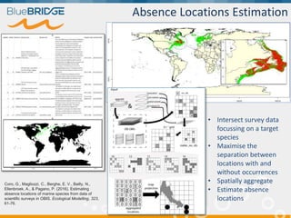 Absence Locations Estimation
Coro, G., Magliozzi, C., Berghe, E. V., Bailly, N.,
Ellenbroek, A., & Pagano, P. (2016). Estimating
absence locations of marine species from data of
scientific surveys in OBIS. Ecological Modelling, 323,
61-76.
• Intersect survey data
focussing on a target
species
• Maximise the
separation between
locations with and
without occurrences
• Spatially aggregate
• Estimate absence
locations
 