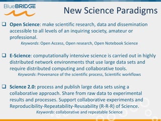 New Science Paradigms
 Open Science: make scientific research, data and dissemination
accessible to all levels of an inquiring society, amateur or
professional.
Keywords: Open Access, Open research, Open Notebook Science
 E-Science: computationally intensive science is carried out in highly
distributed network environments that use large data sets and
require distributed computing and collaborative tools.
Keywords: Provenance of the scientific process, Scientific workflows
 Science 2.0: process and publish large data sets using a
collaborative approach. Share from raw data to experimental
results and processes. Support collaborative experiments and
Reproducibility-Repeatability-Reusability (R-R-R) of Science.
Keywords: collaborative and repeatable Science
 
