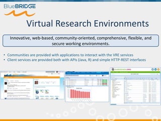 Virtual Research Environments
Innovative, web-based, community-oriented, comprehensive, flexible, and
secure working environments.
• Communities are provided with applications to interact with the VRE services
• Client services are provided both with APIs (Java, R) and simple HTTP-REST interfaces
 