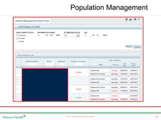 15© 2014 Valence Health. All rights reserved.
Clinical Integration
Valence Reporting Population Management
 