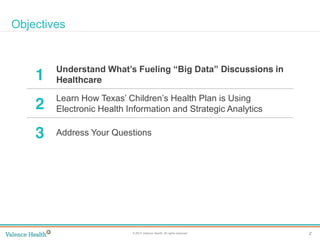 2© 2014 Valence Health. All rights reserved.
Clinical Integration
Objectives
1
Understand  What’s  Fueling  “Big  Data” Discussions in
Healthcare
2
Learn  How  Texas’  Children’s  Health  Plan  is  Using  
Electronic Health Information and Strategic Analytics
3 Address Your Questions
 